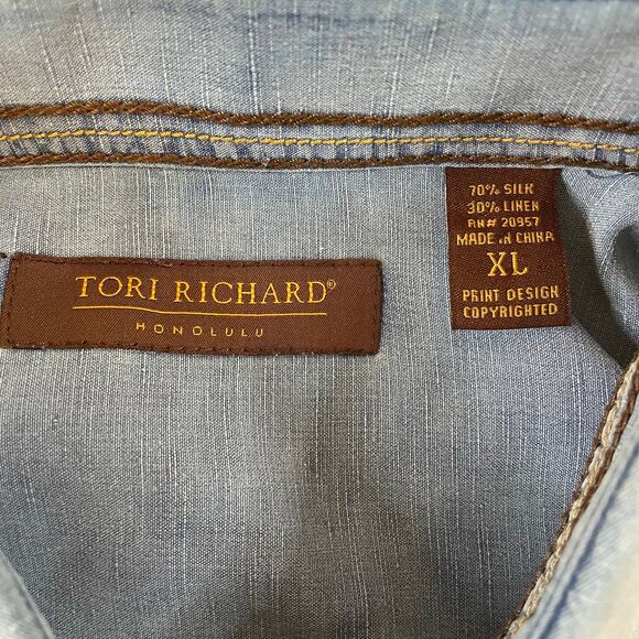 Tori Richard Honolulu Shirt XL Blue Silk Linen Long Sleeve Button Front Casual - Picture 5 of 10